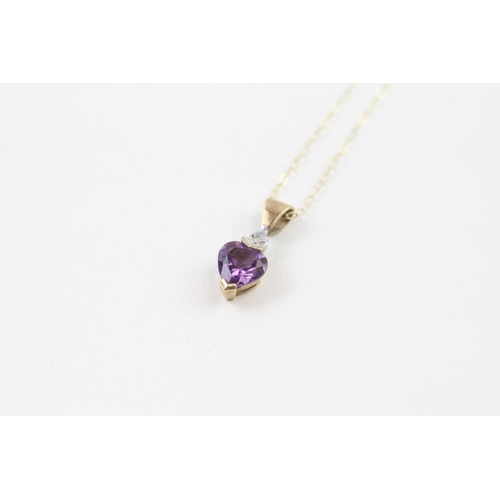 9ct gold diamond & amethyst heart pendant necklace (1.3g)