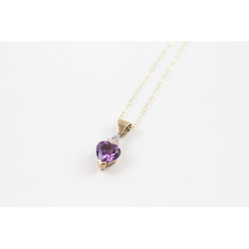 57 - 9ct gold diamond & amethyst heart pendant necklace (1.3g)