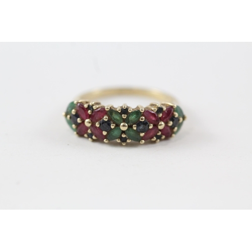 73 - 9ct gold ruby, sapphire & emerald floral cluster ring (3.5g) Size  P