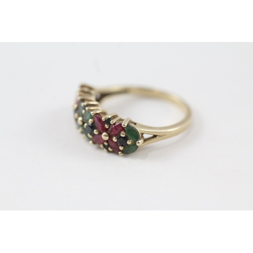 73 - 9ct gold ruby, sapphire & emerald floral cluster ring (3.5g) Size  P