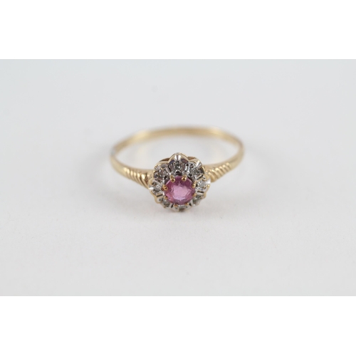 85 - 9ct gold diamond & pink sapphire floral cluster ring (1.4g) Size  Q