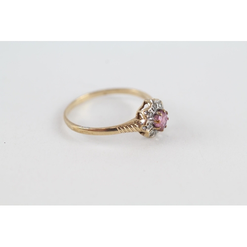 85 - 9ct gold diamond & pink sapphire floral cluster ring (1.4g) Size  Q