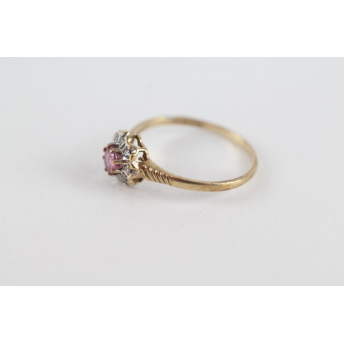 85 - 9ct gold diamond & pink sapphire floral cluster ring (1.4g) Size  Q