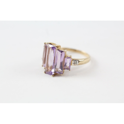 91 - 9ct gold amethyst five stone cocktail ring with diamond sides (3.8g) Size  P