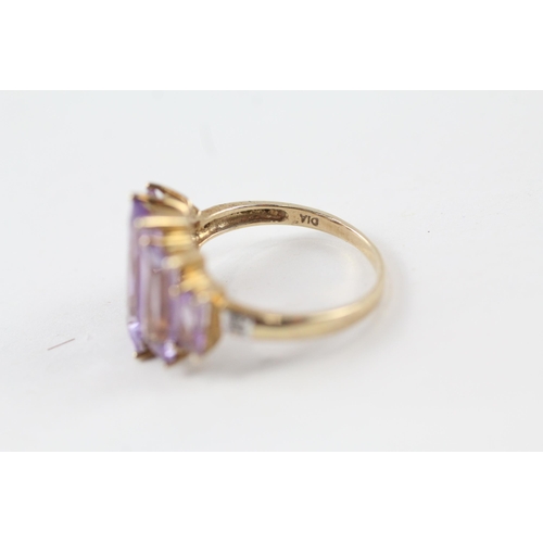 91 - 9ct gold amethyst five stone cocktail ring with diamond sides (3.8g) Size  P