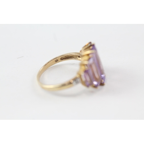 91 - 9ct gold amethyst five stone cocktail ring with diamond sides (3.8g) Size  P