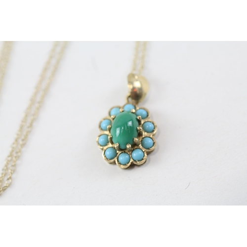 95 - 12ct gold turquoise & faux turquoise cluster pendant necklace with 9ct gold chain (2.7g)