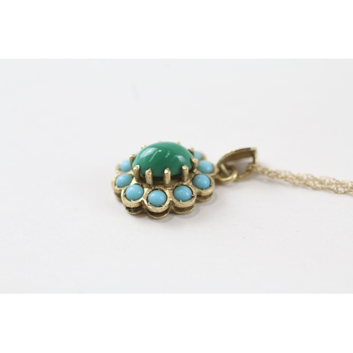 95 - 12ct gold turquoise & faux turquoise cluster pendant necklace with 9ct gold chain (2.7g)