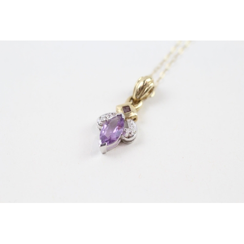 98 - 9ct gold diamond & amethyst pendant necklace (2.4g)