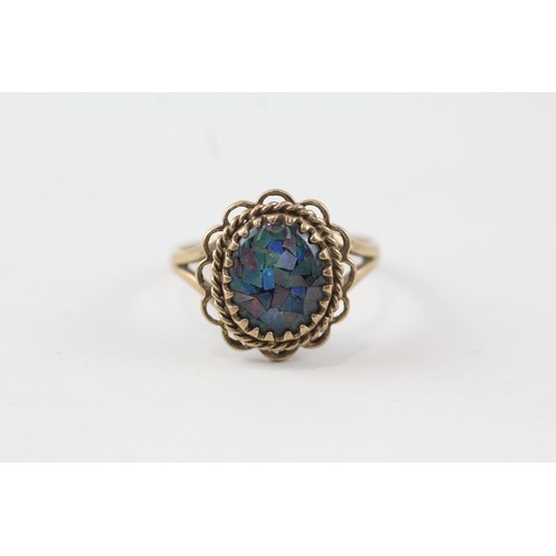 102 - 9ct gold mosaic opal triplet ring with wavy openwork frame (2.4g) Size  N