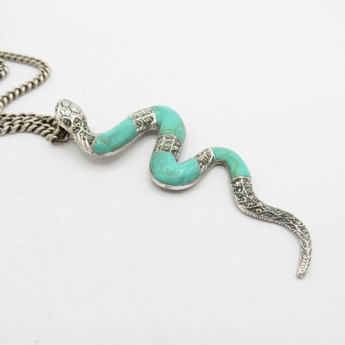 192 - Silver and enamel snake pendant and silver HM chain  50cm long  38.5g