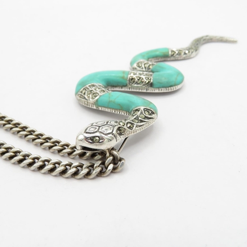 192 - Silver and enamel snake pendant and silver HM chain  50cm long  38.5g