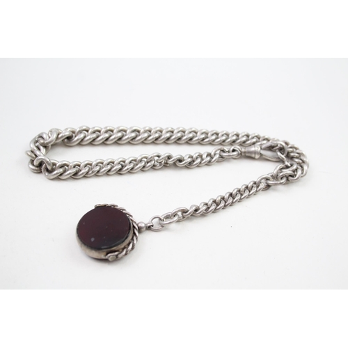 Silver antique watch chain with gemstone spinner fob (82g)