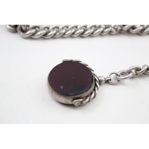 220 - Silver antique watch chain with gemstone spinner fob (82g)