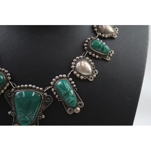 232 - Silver carved gemstone Taxco necklace (39g)