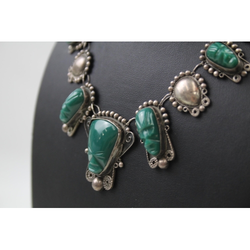 232 - Silver carved gemstone Taxco necklace (39g)