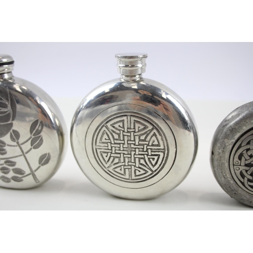 324 - Pewter Flasks Inc Charles Rennie Mackintosh Floral & Celtic Patter Engraving