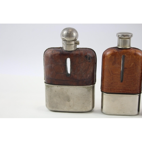 325 - Hip Flasks Inc James Dixon & Sons Silver Plated Crocodile Skin Leather Bound x 4