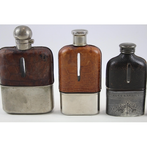 325 - Hip Flasks Inc James Dixon & Sons Silver Plated Crocodile Skin Leather Bound x 4