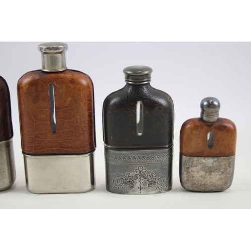 325 - Hip Flasks Inc James Dixon & Sons Silver Plated Crocodile Skin Leather Bound x 4