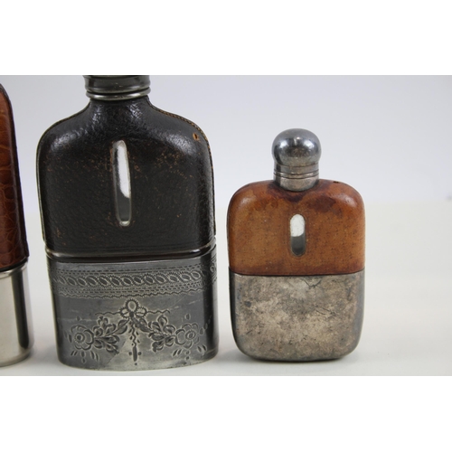 325 - Hip Flasks Inc James Dixon & Sons Silver Plated Crocodile Skin Leather Bound x 4