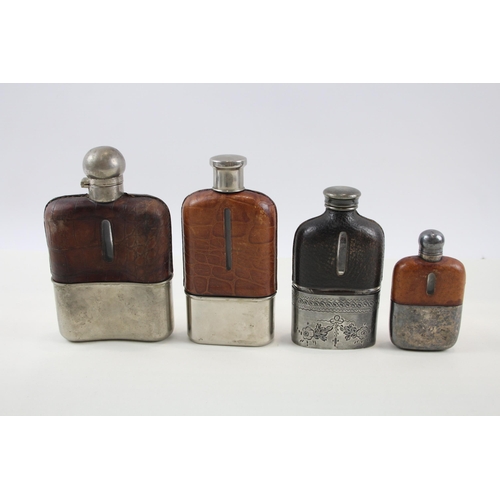 325 - Hip Flasks Inc James Dixon & Sons Silver Plated Crocodile Skin Leather Bound x 4