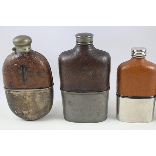 330 - 4 x Hip Flasks Inc Crocodile / Ostrich Skin, Silver Plated