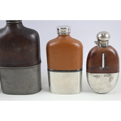 330 - 4 x Hip Flasks Inc Crocodile / Ostrich Skin, Silver Plated