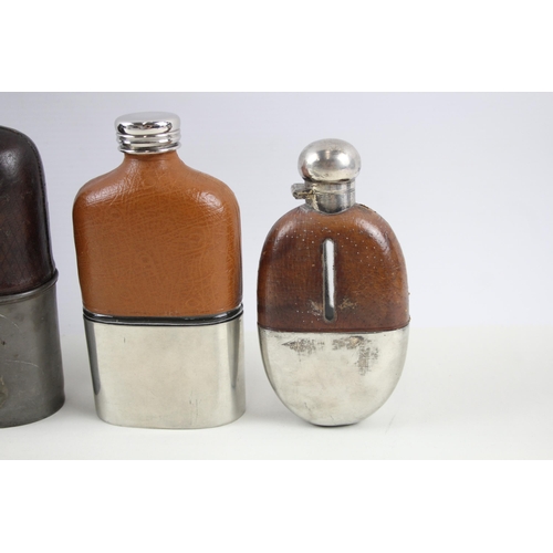 330 - 4 x Hip Flasks Inc Crocodile / Ostrich Skin, Silver Plated