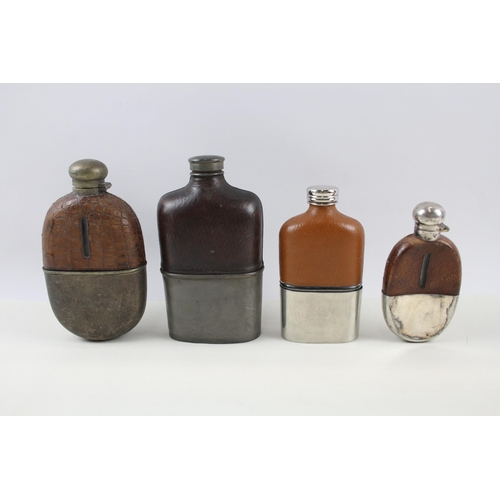 330 - 4 x Hip Flasks Inc Crocodile / Ostrich Skin, Silver Plated