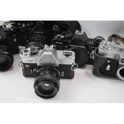 366 - SLR Film Cameras Inc Fujica, Zenit & Praktica w/ Some Lenses Job Lot x 10