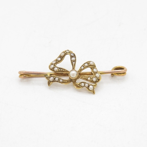 126 - 15ct gold antique seed pearl bow brooch with 9ct pin (1.8g)