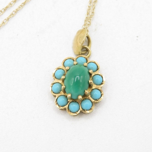 95 - 12ct gold turquoise & faux turquoise cluster pendant necklace with 9ct gold chain (2.7g)