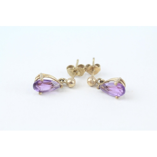 9ct gold pear-cut amethyst drop earrings with scroll backs (1.6g)