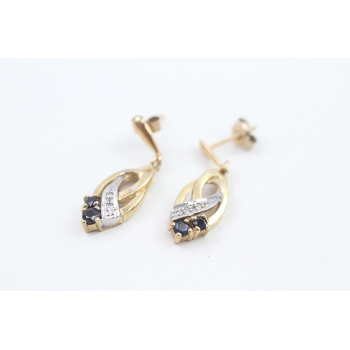 9ct gold vintage sapphire & diamond drop earrings with scroll backs (2g)