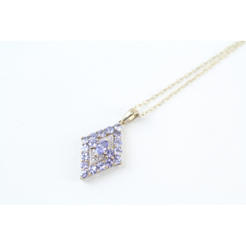 9ct gold vari-cut tanzanite & diamond cluster pendant necklace (2.4g)