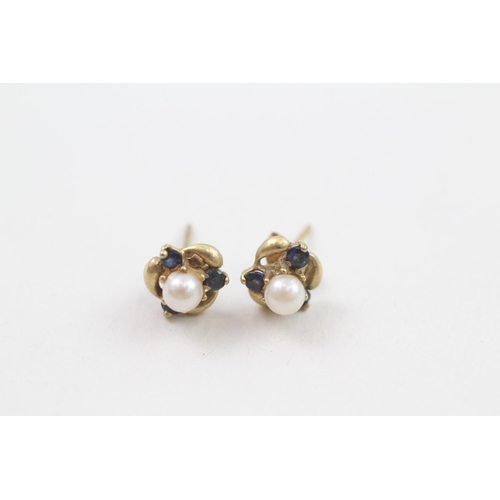 9ct gold cultured pearl & sapphire stud earrings (1.1g)