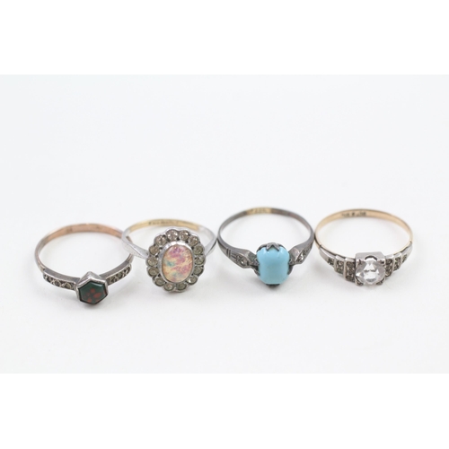 4 x 9ct gold and silver vintage paste, foiled glass and faux gemstone set rings (7g) Size  L 1/2 + O + O + N