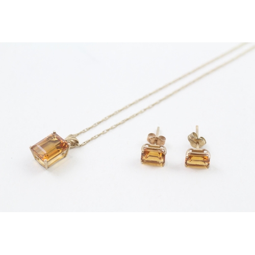 2x 9ct gold emerald cut citrine necklace pendant & earrings set (2.5g)