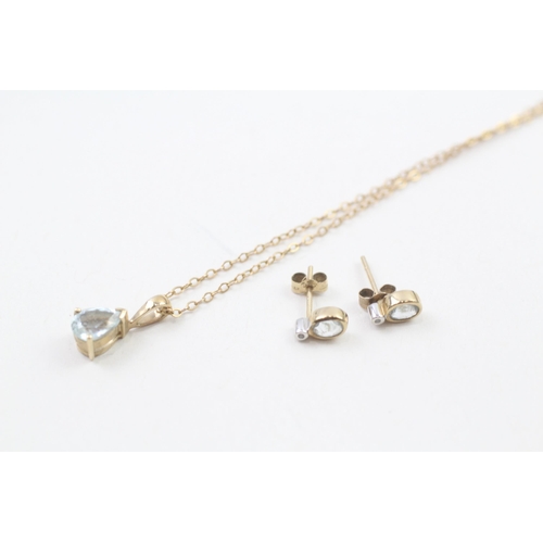 2x 9ct gold aquamarine & diamond pendant necklace & earrings (2.4g)