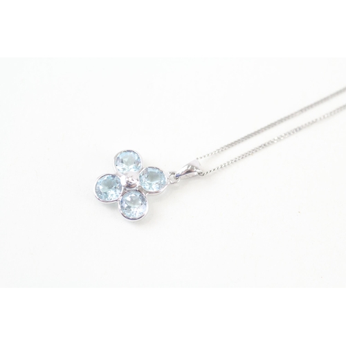 9ct white gold blue topaz & diamond cluster pendant necklace (2g)