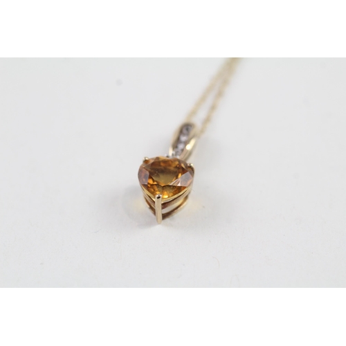 9ct gold heart cut citrine & diamond drop pendant necklace with white sapphire set bail (1.9g)