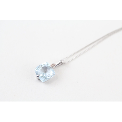 9ct white gold faceted blue topaz & diamond pendant necklace (2.1g)