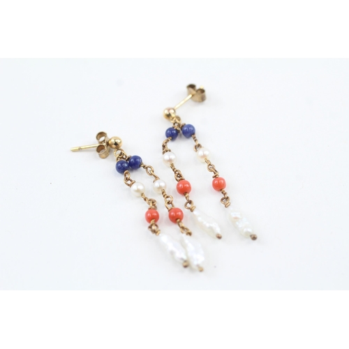 9ct gold pearl, coral & lapis lazuli double drop earrings (2.8g)