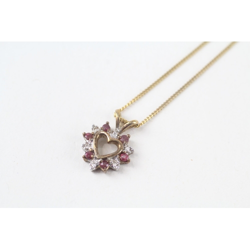 9ct gold ruby & diamond heart-shaped cluster pendant necklace (2.3g)