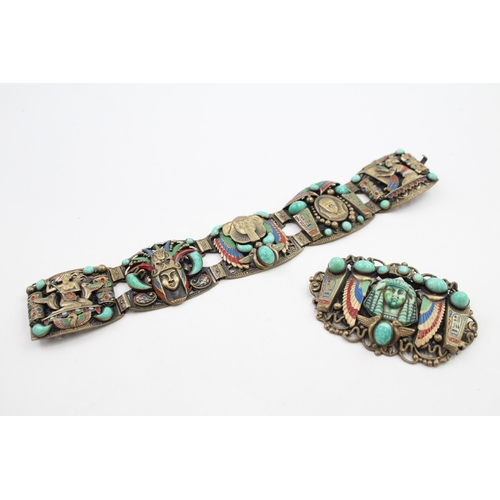 An Egyptian revival Czech pressed glass bracelet and brooch set by the Neiger brothers (g)