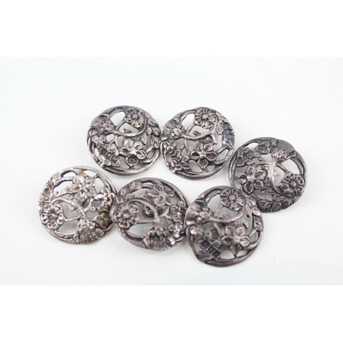 6 x Antique Edwardian Hallmarked 1902 London Sterling Silver Floral Buttons 26g