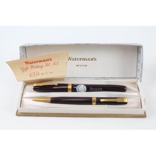 Vintage WATERMAN 515 Burgundy Fountain Pen w/ 14ct Gold Nib, Pencil, Box Etc