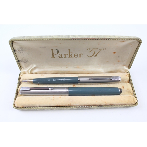 Vintage PARKER 51 Grey Fountain Pen w/ 14ct Gold Nib, Chalk Marked Pencil, Box