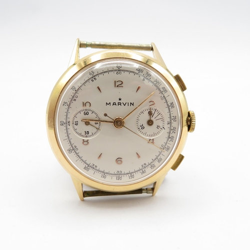 Marvin two register 18k gold RARE gents vintage 1950s Chronograph wristwatch handwind Marvin signed Chrono movement working slight dents to caseback